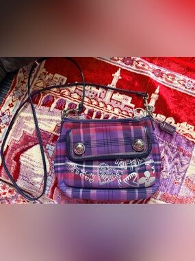 Coach Poppy Purple Plaid Crossbody with Heart Graphics
